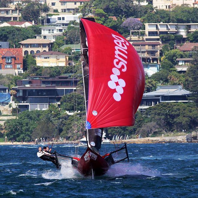Race 1 – The crew of Smeg make it look easy on the run to the finish line – 18ft Skiffs NSW Championship ©  Frank Quealey / Australian 18 Footers League